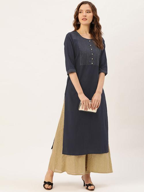 navy cotton straight kurta - 18046651 - Very Small Image - 1
