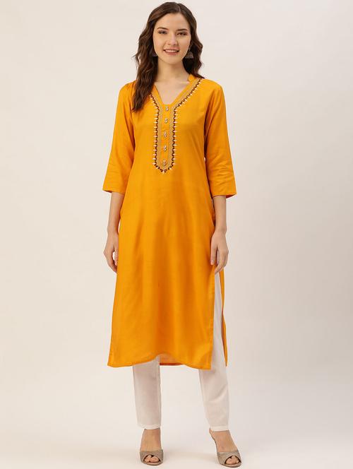 mustard silk blend straight kurta - 18046655 - Very Small Image - 1