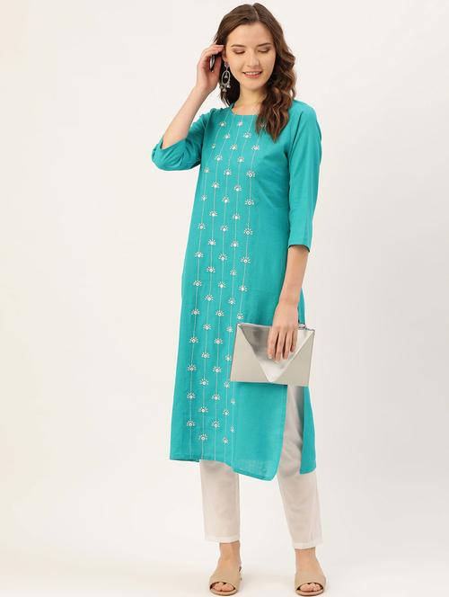 turquoise cotton blend straight kurta - 18046658 - Very Small Image - 1