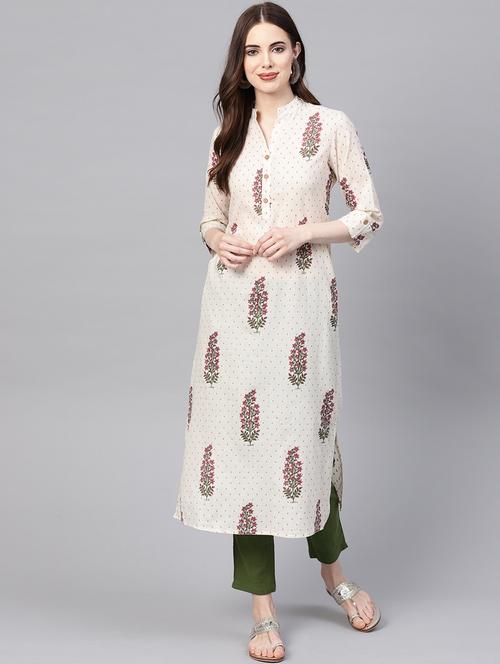 beige cotton straight kurti with solid white pant - 18046671 - Very Small Image - 1