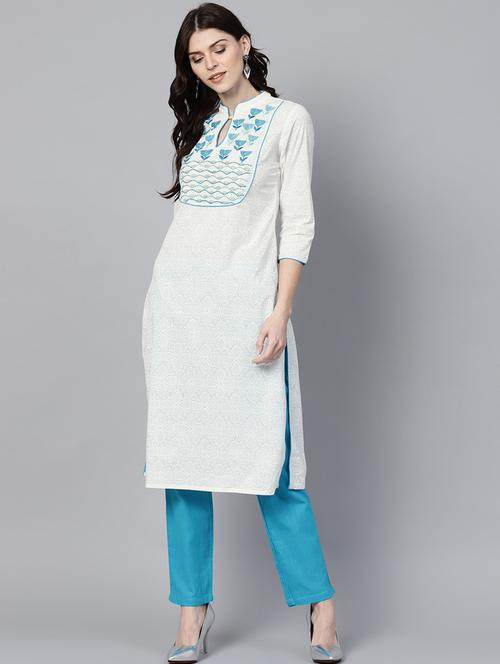 white cotton straight kurti with solid pant - 18046672 - Very Small Image - 1