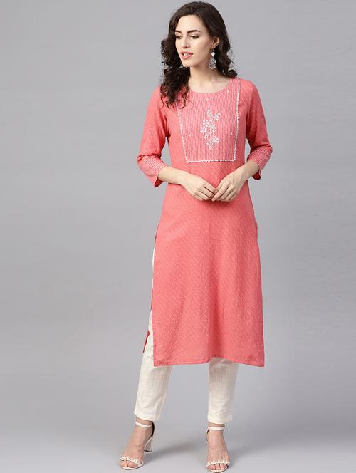 pink dobby cotton straight kurta with pant - 18046674 - Very Small Image - 1