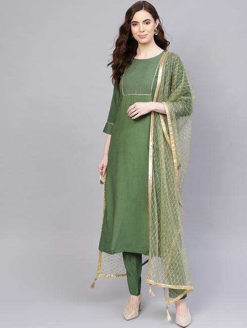 green cotton straight kurta with pant & dupatta - 18046677 - Very Small Image - 1