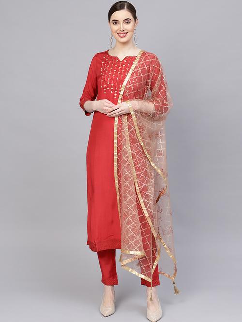 red cotton straight kurta with pant & dupatta - 18046678 - Very Small Image - 1