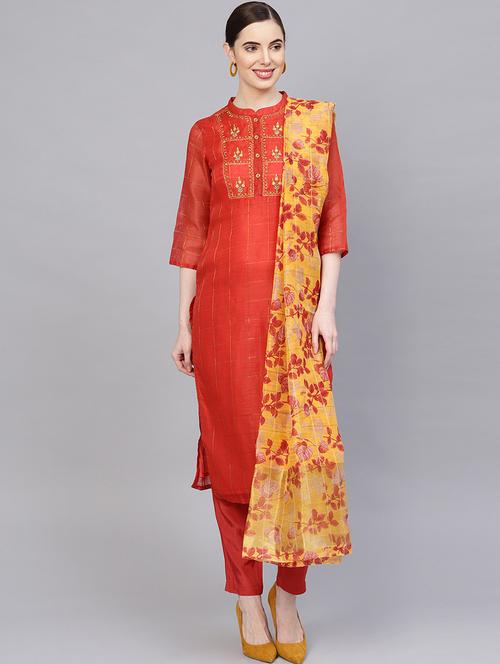 red cotton straight kurta with pant & dupatta - 18046683 - Very Small Image - 1
