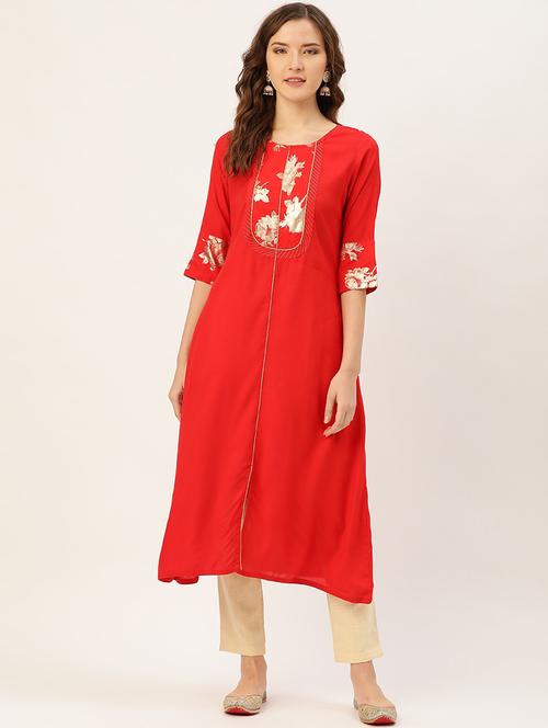 red color cotton straight kurti - 18046689 - Very Small Image - 1