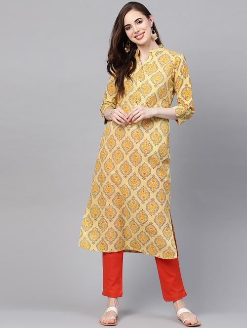 yellow color printed kurta set - 18046692 - Very Small Image - 1