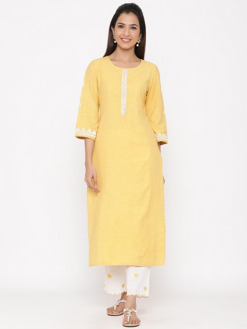yellow color straight kurta with palazzo pant - 18046702 - Very Small Image - 1