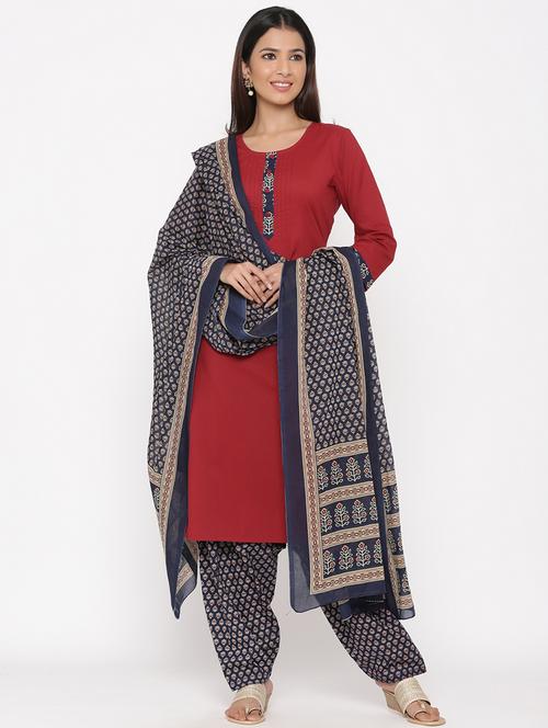 red color straight kurta with salwar & dupatta - 18046730 - Very Small Image - 1