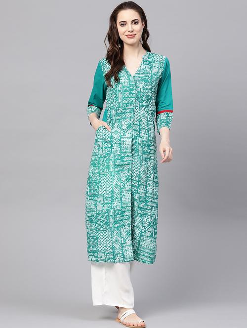 green color cotton kurti set with palazzo pant - 18046733 - Very Small Image - 1