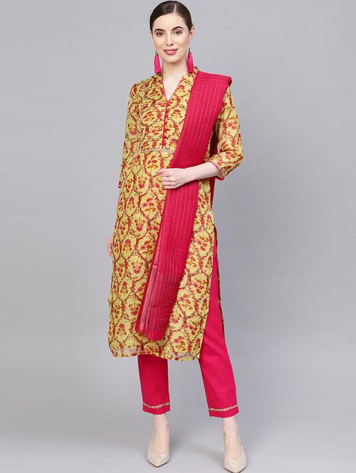 yellow color cotton kurti set with palazzo pant & dupatta - 18046736 - Very Small Image - 1