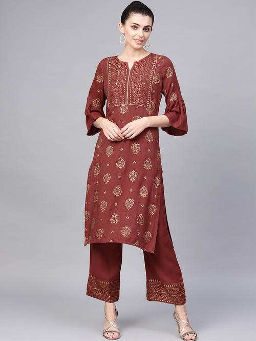 red color cotton kurti set with palazzo pant - 18046747 - Very Small Image - 1