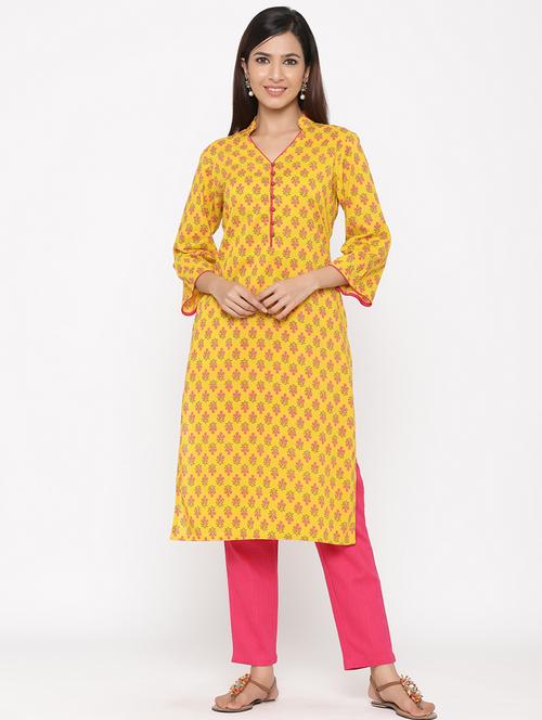 yellow cotton straight kurta - 18046827 - Very Small Image - 1