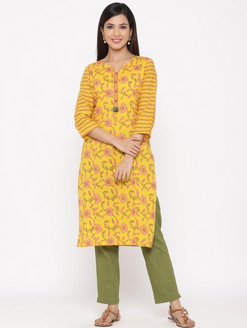 yellow cotton straight kurta - 18046848 - Very Small Image - 1