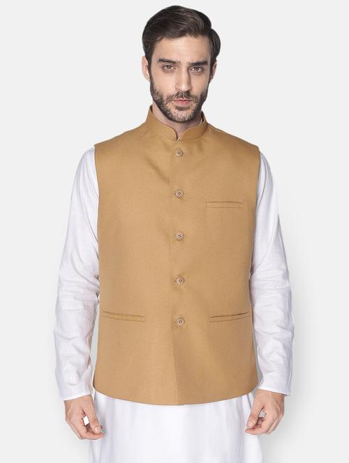 beige solid nehru jacket - 18046993 - Very Small Image - 1