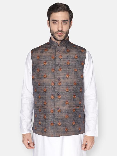 taupe ethnic motif printed nehru jacket - 18046999 - Very Small Image - 1