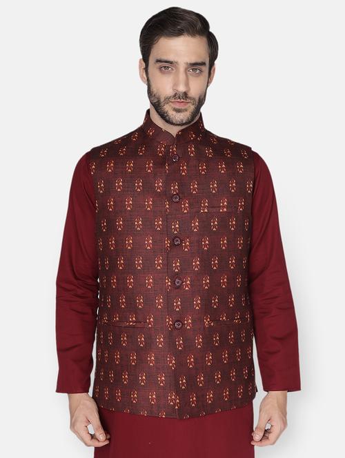maroon ethnic motif printed nehru jacket - 18047000 - Very Small Image - 1