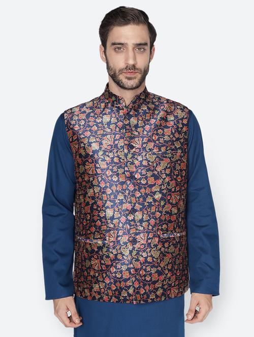 navy blue printed nehru jacket - 18047004 - Very Small Image - 1