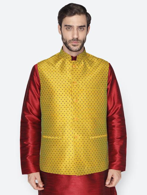mustard printed nehru jacket - 18047013 - Very Small Image - 1