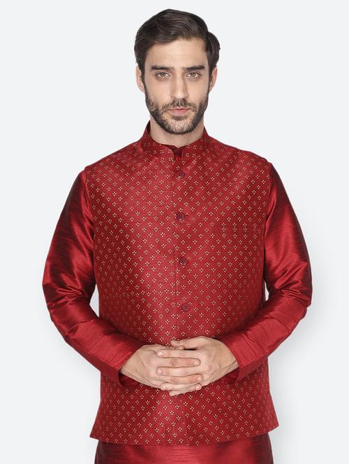 red printed nehru jacket - 18047018 - Very Small Image - 1
