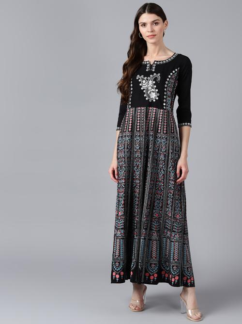 embroidered neck long anarkali gown black - 18047172 - Very Small Image - 1