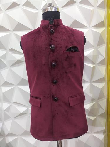 velvet red nehru jacket - 18047743 - Very Small Image - 1