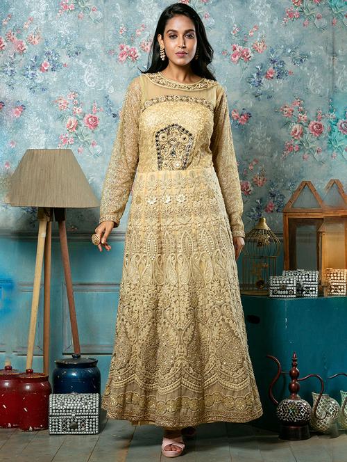 beige net fit & flare gown - 18048388 - Very Small Image - 1