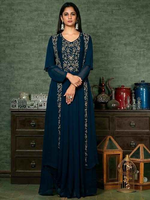 teal georgette fit & flare gown - 18048437 - Very Small Image - 1