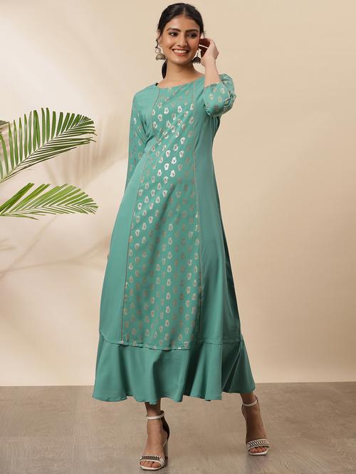 green crepe aline ethnic dress - 18048721 - Very Small Image - 1