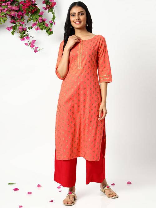 orange cotton straight kurta - 18048736 - Very Small Image - 1