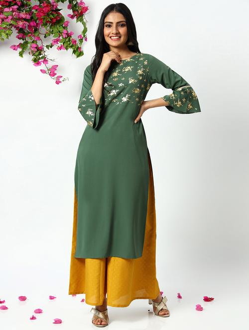 green crepe straight kurta - 18048745 - Very Small Image - 1