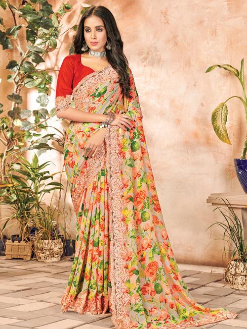 floral printed saree - 18049494 - Very Small Image - 1