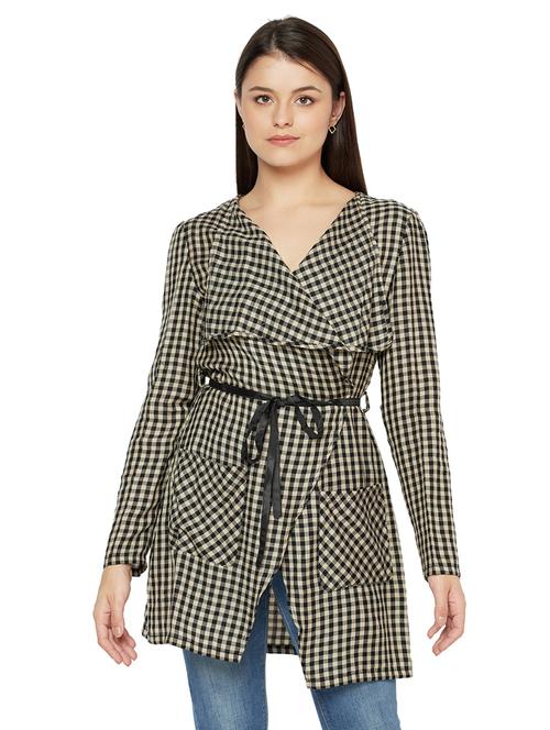 tie front checkered trench coat - 18049680 - Very Small Image - 1
