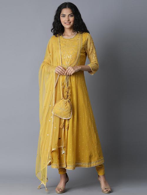yellow viscose kurta churidaar set - 18050035 - Very Small Image - 1