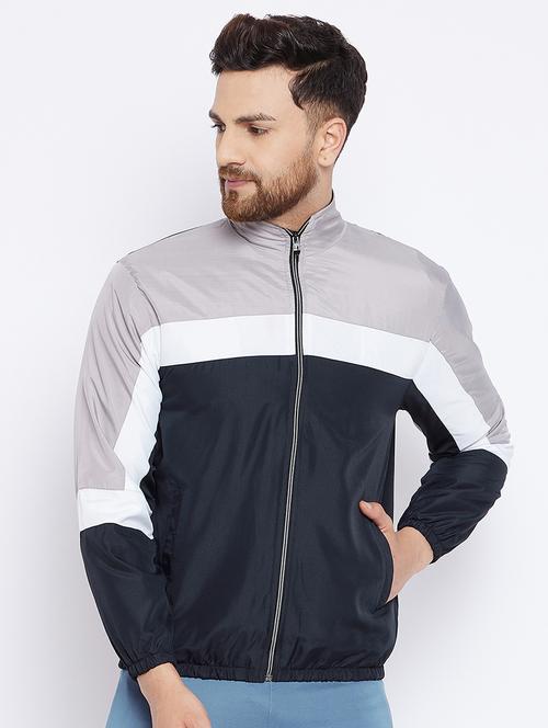 navy blue color block casual jacket - 18051553 - Very Small Image - 1