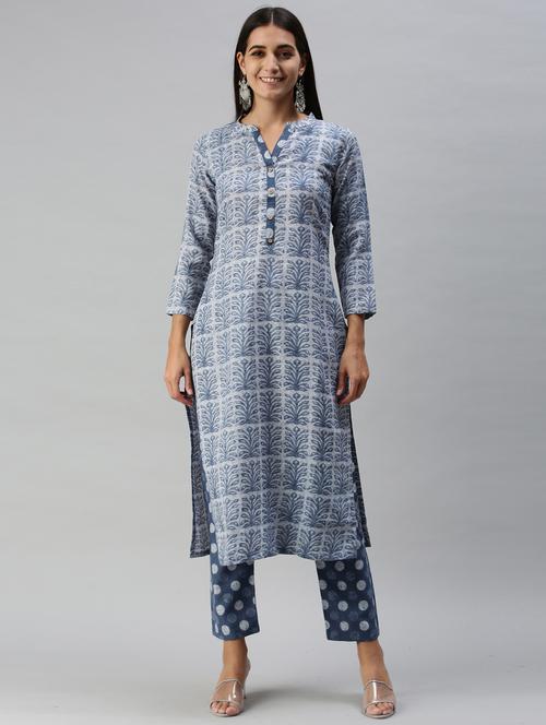indigo cotton blend kurta pant set - 18051626 - Very Small Image - 1