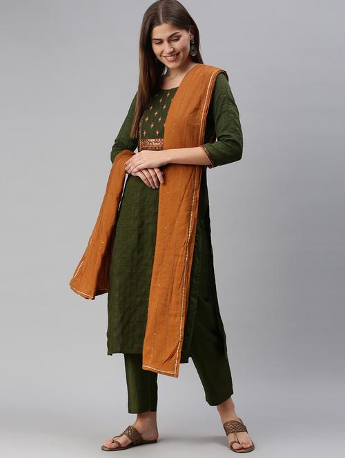 olive chiffon kurta pant set - 18051632 - Very Small Image - 1