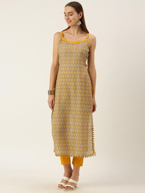yellow cotton blend kurta pant set - 18051638 - Very Small Image - 1