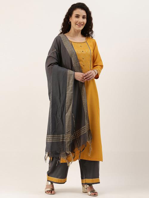 yellow cotton blend kurta pant set - 18051648 - Very Small Image - 1