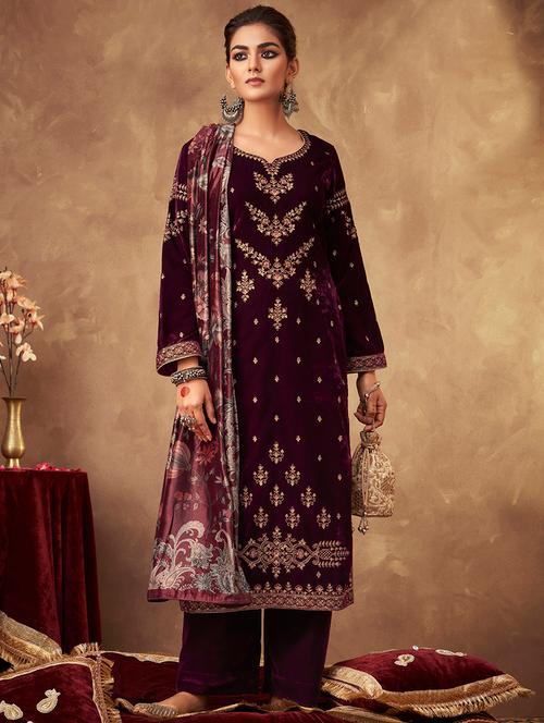 embroidered unstitched palazzo suit set - 18052089 - Very Small Image - 1