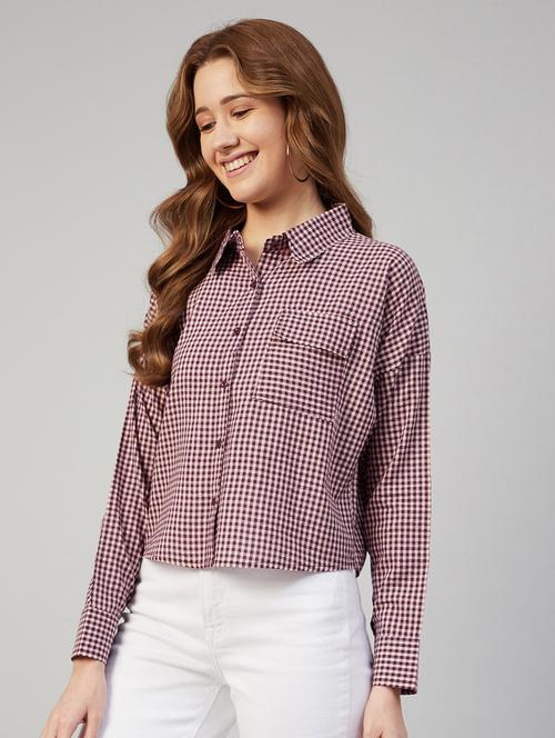 purple checked full sleeve crop shirt - 18052477 - Very Small Image - 1