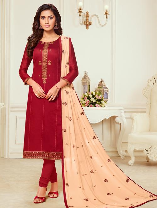 maroon silk semistitched suit - 18053734 - Very Small Image - 1