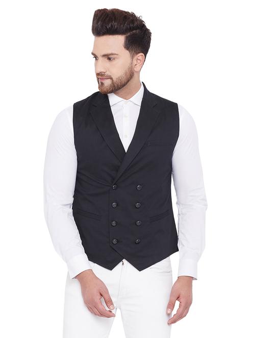 black solid double breast waist coat - 18053955 - Very Small Image - 1