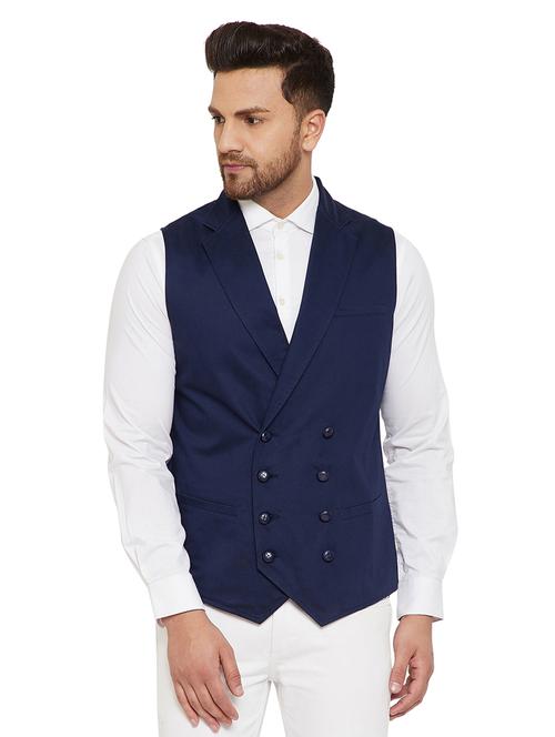 navy blue solid double breast waist coat - 18053969 - Very Small Image - 1