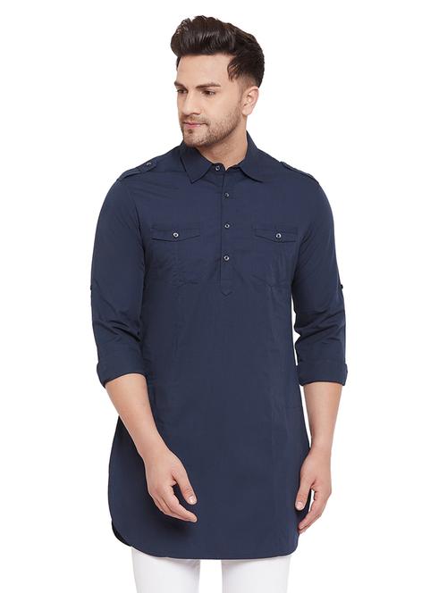 navy blue solid pathani kurta - 18053979 - Very Small Image - 1