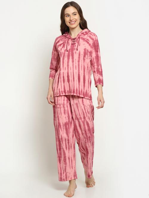 hooded neck printed nightwear pajama set - 18054457 - Very Small Image - 1