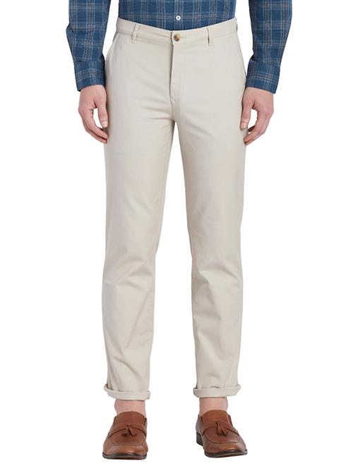 beige solid flat front casual trouser - 18054796 - Very Small Image - 1