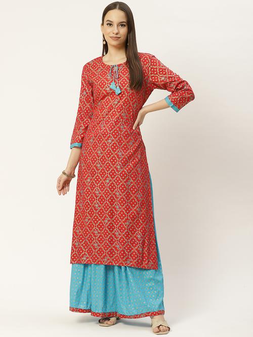 red cotton kurta skirt set - 18055152 - Very Small Image - 1