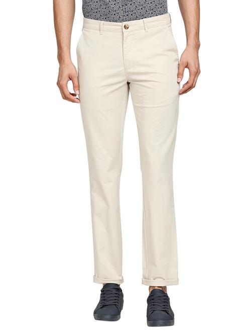 beige solid flat front casual trouser - 18055728 - Very Small Image - 1
