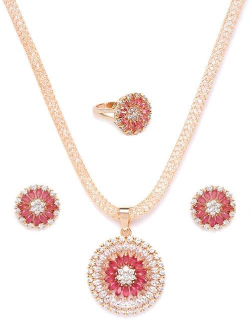 pink gold-plated american diamond-studded floral shaped set - 18056502 - Very Small Image - 1